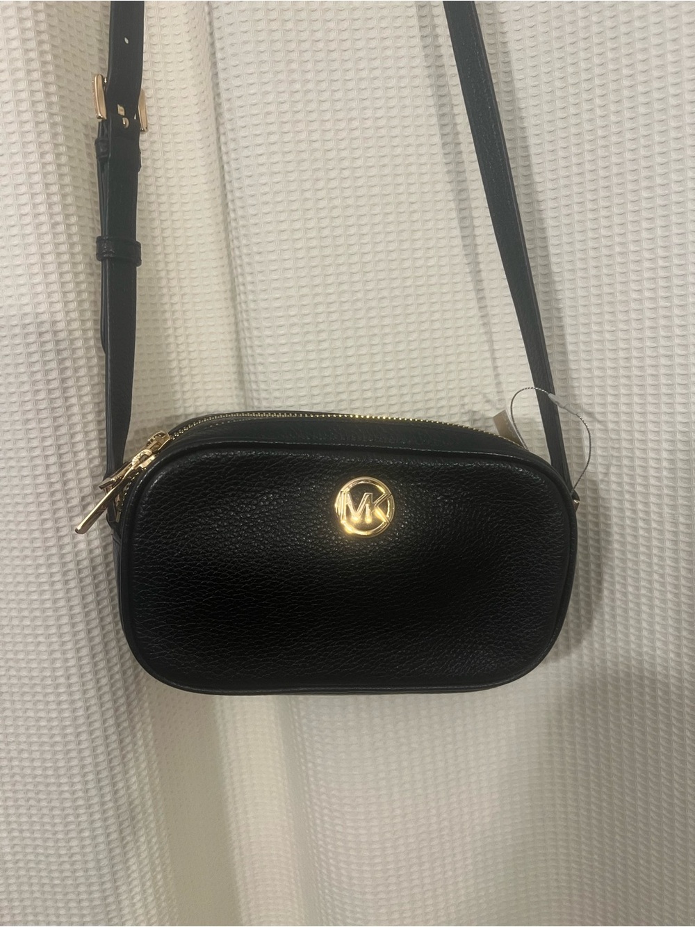 New Michael Kors Black Pebbled Leather MK Logo Crossbody